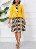 Womens 3/4 Sleeve Geometry Print Square Neck Patchwork Elegant Yellow A-Line Casual Party Fit And Flare Skater Swing Dress