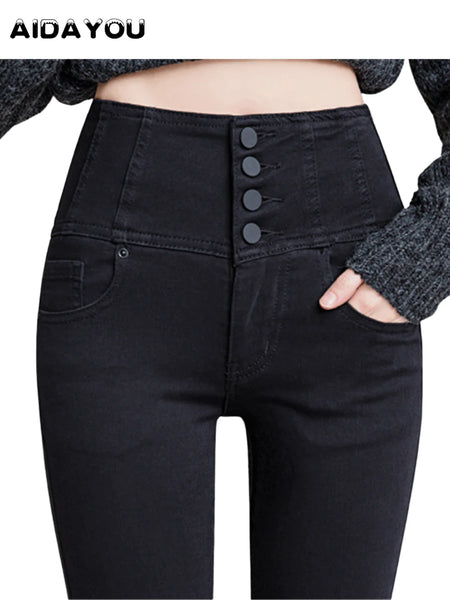 Button Fly Jeans High Waist Front for Women Tummy Control Stretch Denim Black Petite XS - 4XL Dress Pants With Pocket