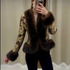 Printed Faux Fur Patchwork Jacket Women V Neck Long Sleeve Slim Cropped Coat Autumn Winter Lady Street Outwear