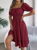 Solid Puff Sleeve Square Neck Ruched Bust Ruffle Hem Wasit Dress, Women's Clothing