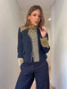 Retro Stand Collar Napoleon Slim Jacket Women Chic Navy Style Full Sleeve Gold Embroidered Coat Lady High Street Outwear
