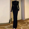 Spring Women Sexy Slim Fit Thin Dress Lady Comfortable High Neck Long Sleeve Dress Female Chic Evening Wine Red Maxi Dress