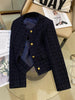 Korean Navy-blue Tweed Short Jacket Women's Woolen Coat Spring Autumn O-neck Slim Casual Blazer Tops Streetwear Lady Outerwear