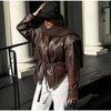 Women Leather Bomber Jackets Coats With Belt Notched Shoulder Pads Motorcycle Street Chic Short Outwear Solid Lace Up