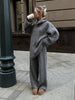 Women's Autumn Winter Collared Half Zip Ribbed Knit 2-Piece Set Oversized Wide Leg Pants Sweater Suit