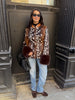 Leopard Patchwork Faux Fur Cuff Coats Women Round Neck Long Sleeve Single Breasted Slim Jacket Chic Ladies Outerwears