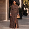 Plus Size Zebra Striped Long Sleeve Maxi Dress Boat Neck Slit Dress Women Curvy African Elegant Evening Long Gown