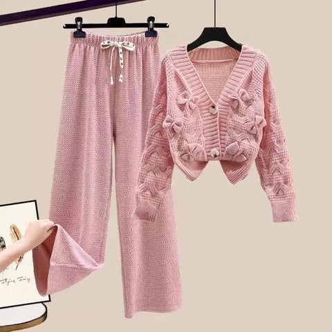 Two Piece Set For Women Sweater Matching Sets Korean Sweet Bow Outfit Long Sleeve Cardigan Knitwear Wide Leg Pants Set