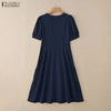 Elegant Chic Womens Tiered Midi Dresses Fabric Flower Detailed O-Neck Short Puff Sleeve Solid Color A-Line Dress Woman