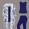 Plus-size women's 3-piece set: color-blocked printed cardigan jacket paired with trousers and vest for a casual everyday look