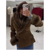 Women Suede Faux Fur Trim Jacket Fur Lapel Collar Cuffs Double Breasted Fitted Waist Long Sleeve Coats Vintage Warm Winter Coat