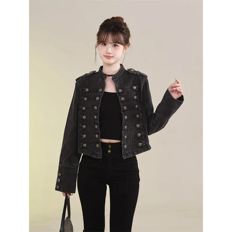 Women's Clothing Short Coat Jeans Jacket Retro Button Design Slim Stand-up Collar Long Sleeves Denim Top Jacket Short Coat