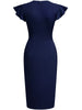 Women Crew Neck Ruffle Vintage Slim Work Office Cocktail Party Knee Length Sheath Bodycon Pencil Slim Dress