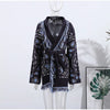 Jacquard Fringe Belted Wrap Knit Cardigan Lapel All Over Pattern Raw Fringe Autumn Winter Commute Lady Women Casual Coat