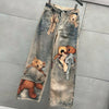 Autumn Winter Niche Design Print Contrast Color Loose Jeans For Women Straight Wide-leg Denim Pant 1A1517
