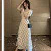 Elegant Lady V-Neck Polka Dot Dress French Ruffles Bubble Sleeve Lace Up Vestidos Temperament Waist Tight A-Line Long Robes