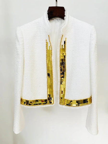 High Street Designer Jacket Women's Metallic Handwork Beaded Tweed Jacket