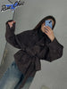 Solid Tie Waist Cinching Suede Jackets Women Chic Stand Up Collar Loose Crop Short Coats Lady Autumn Commute Daily Outfit