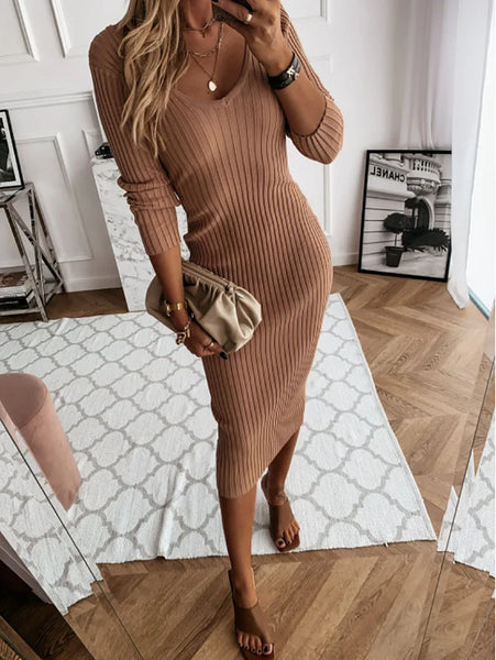 Spring Women's Dress Long Sleeve V Neck Low Cut Thread Tight Party Khaki Basic Long Skirt