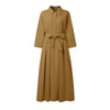 Plus Size Women Stylish Belted Pleated Maxi Dresses Long Sleeve Lapel Half Buttons Solid Color Long Dress Streetwear 5XL