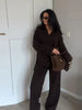 Brown V-Neck Knit Shirt Pants Set Women Solid Long Sleeve Top Empire Straight Loose Trousers Lady Spring Suit