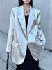 Women Silver Big Size Glossy Sensation Blazer Lapel Long Sleeve Loose Jacket Tide Autumn 31A0901