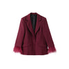 Women's Black Blazer Pants Set With Feather Cuffs Lapel Long Sleeve Button Jacket Wide Leg Pants Lady Chic Outfits