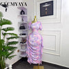 Women Tie Dye Printed Skew Neck Ruched Stacked Bodycon Midi Maxi Long Dress Vacation Holiday Sexy Vestidos Dresses