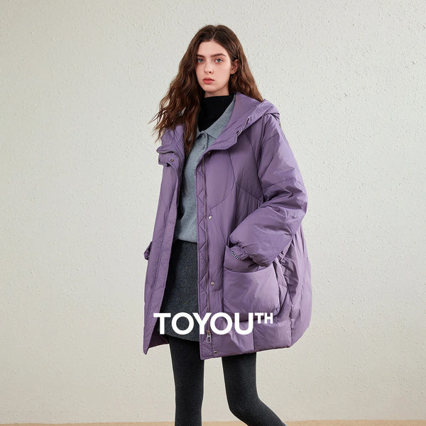 Womens Down Jacket Winter 90 White Duck Down Purple Hooded Large Pocket Warm Long Outerwear