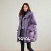 Womens Down Jacket Winter 90 White Duck Down Purple Hooded Large Pocket Warm Long Outerwear