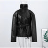 Broad Shoulders Lace up Leather Jacket Lady Zipper Solid Color Long Sleeve Loose Casual Coats Street Women's Jackets