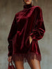 Women Velvet Tassel Hem Mini Dress Pockets Turtleneck Loose Chic Lantern Sleeve Solid Casual Elegant Autumn Vintage Dress