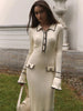 Ruffled Knit Dress Women Autumn Ribbed Contrast Long Sleeve High Waist Lapel Gown Dress Knitwear Ladies Maxi Dress