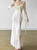 Aoaiiys French Dress Women's V-Neck 3D Floral Lace Splicing Slim Long Dress Elegant Long Sleeve White Dresses Spring Autumn