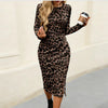 Women's Leopard Print Bodycon Midi Dress Long Sleeve Split Office Daily Casual