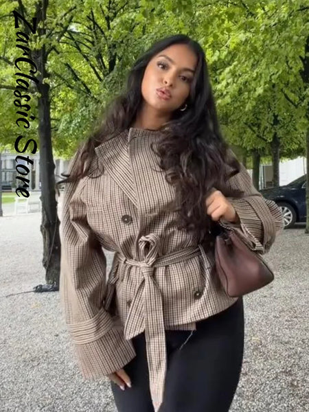 Vintage Plaid Women's Cropped Trench Coat Autumn Lapel Tie Waist Full Sleeve Windbreaker Chic Casual Elegant Jacket
