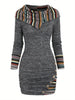 European and American Explosions Women's Ethnic Style Geometric Stripe Stitching Hooded Knitted Long-Sleeved Tight Dress