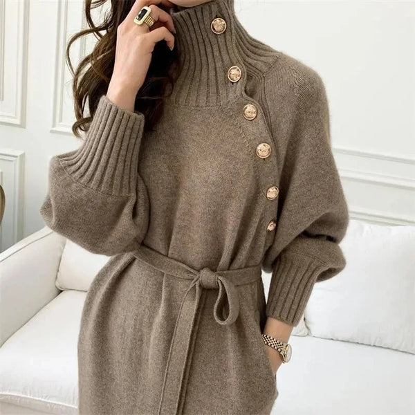 High end Knitted Dress Women's Autumn Winter Stretch Sweaters Long Dress Female Retro Chic buttons stylish Turtleneck Base dress