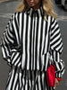 Vertical Stripe Two Piece Outfit Stand Collar Zip Up Jacket Elastic Waist Wide Leg Pants Loose Women Casual High Street Set