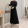 Elegant Women Pleated Dress Classy Smocked Cuffs Long Sleeve O Neck Fit and Flare Long Vestidos Commute Solid Party Robes