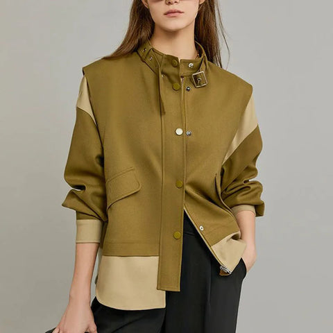 Spring Autumn Contrast Splicing Design Sense Short Women Jacket 2025New Casual Single-Breasted Coat Female Top