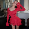 Women's A-Line Bodycon Mini Dress Ruffle Hem V-Neck Asymmetrical Buttons Long Sleeve Short Dress Party Streetwear Outfits