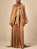 Chic Prom Robe for Women Scarf Collar Lantern Sleeve High Waist Temperament Pleated Evening Dress Female Clothes