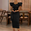 Women Short Ruffles Sleeve O-neck Ribbon Bodycon Midi Dress Street Africa OL Evening Sexy Party Dresses Vestido