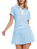 Women 2 Pieces Athletic Skirt Set Outfits V Neck Polo Shirts High Waisted Pleated Tennis Skirts Golf Pickball Dress