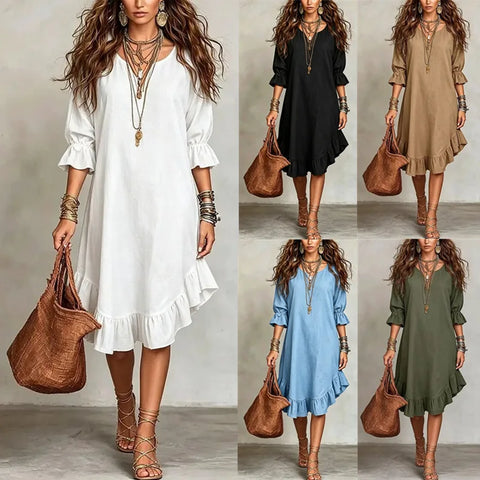 Elegant V-Neck Midi Sleeve Dress with Hem Ruffle Detail European And American Woven Fabric Women's