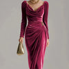 Elegant Velvet Swing Collar Dress for Women's Ruched Split Solid Office Lady Long Sleeve Slim Vintage Casual Wedding Guest Dress