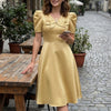 Women's Elegant Satin Silk Party Dress Puff Sleeve V-Neck Bow A-Line Midi Dresses Wedding Guest Cocktail Robes Femme