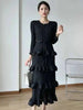 Long Pleated Dress Women Round Neck Solid Color Ruffles Cake Belt Dresses Multi-layer Female Elegant Clothing 2R6863