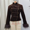 Light Green Landscape Print Jackets Women Chic Stand Collar Furry Cuff Single Breasted Slim Cropped Coat Lady Autumn Daily Wear